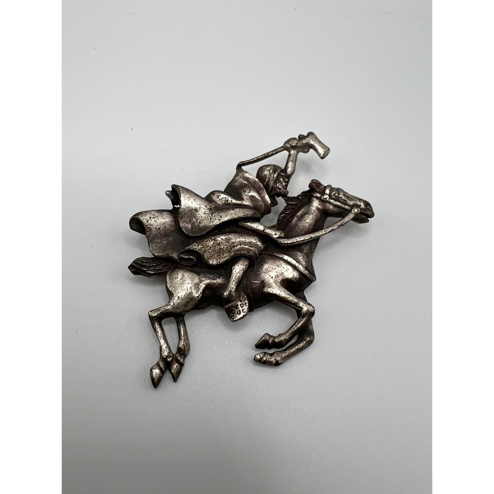 Gothic Medieval Knight on Horseback Brooch, Silver Tone Pewter